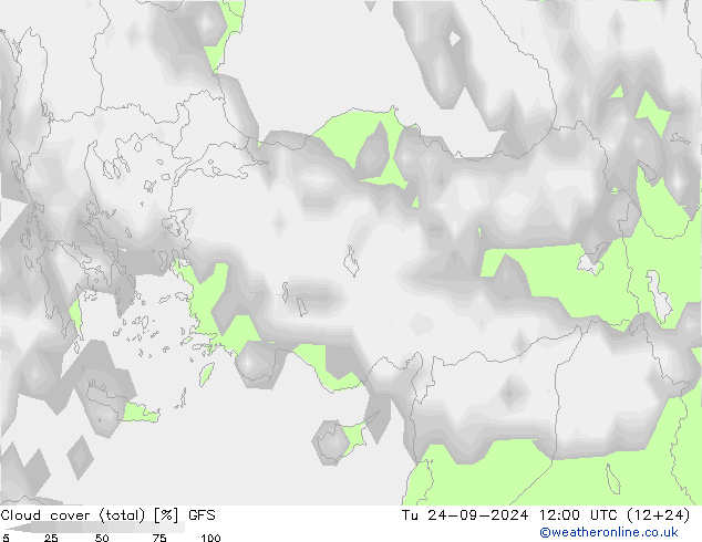 Cloud cover (total) GFS Tu 24.09.2024 12 UTC