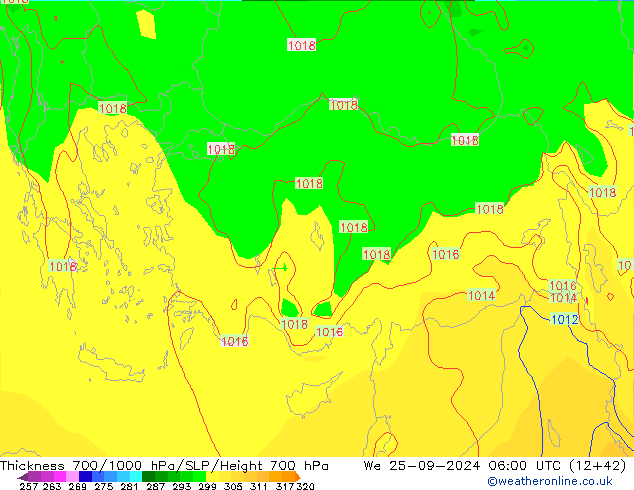 Espesor 700-1000 hPa GFS mié 25.09.2024 06 UTC