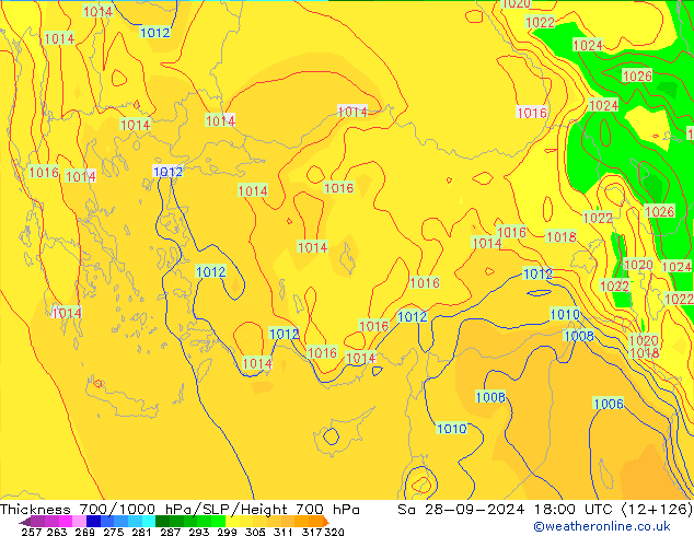 Thck 700-1000 hPa GFS sab 28.09.2024 18 UTC