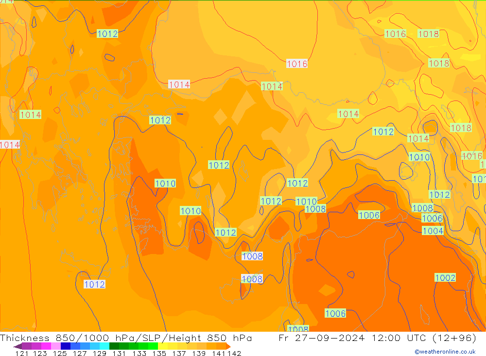 Dikte 850-1000 hPa GFS vr 27.09.2024 12 UTC