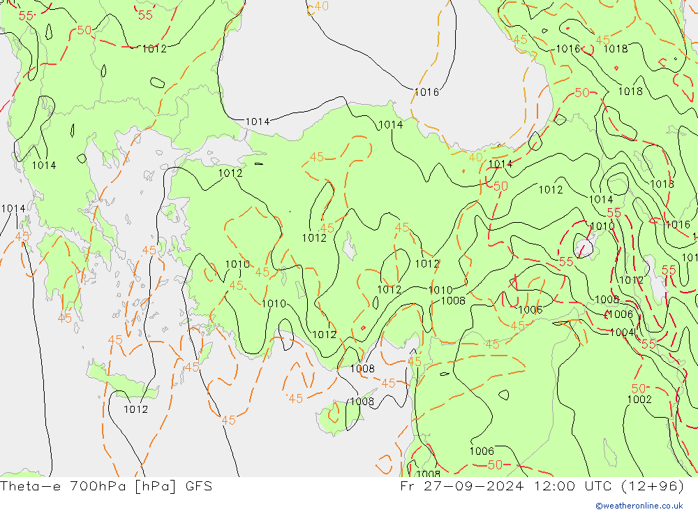 Theta-e 700hPa GFS vr 27.09.2024 12 UTC