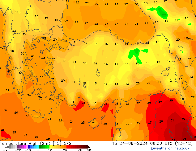 temperatura máx. (2m) GFS Ter 24.09.2024 06 UTC