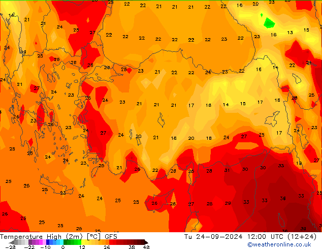 temperatura máx. (2m) GFS Ter 24.09.2024 12 UTC