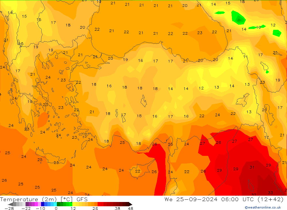 Temperature (2m) GFS We 25.09.2024 06 UTC