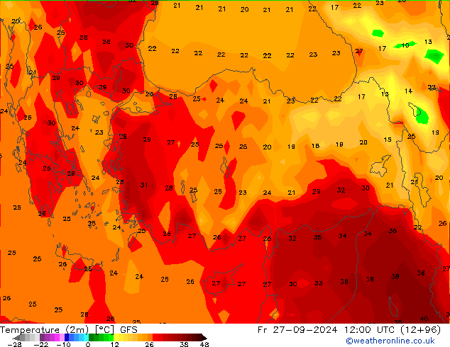 Temperatura (2m) GFS vie 27.09.2024 12 UTC