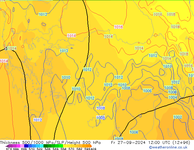 Espesor 500-1000 hPa GFS vie 27.09.2024 12 UTC