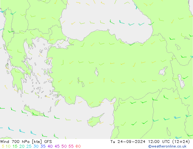 Wind 700 hPa GFS Út 24.09.2024 12 UTC