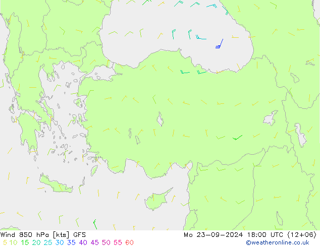 wiatr 850 hPa GFS pon. 23.09.2024 18 UTC