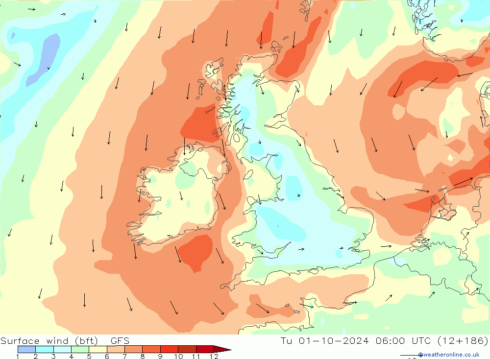 Wind 10 m (bft) GFS di 01.10.2024 06 UTC