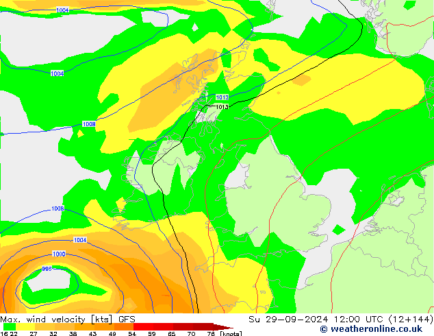 Max. wind velocity GFS dim 29.09.2024 12 UTC