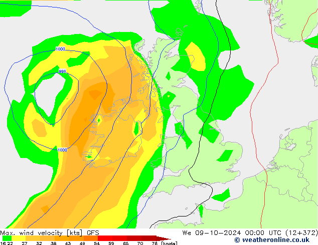 Max. wind snelheid GFS wo 09.10.2024 00 UTC