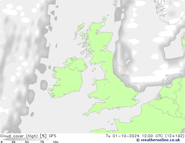 Cloud cover (high) GFS Tu 01.10.2024 12 UTC