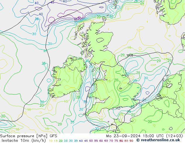 Izotacha (km/godz) GFS pon. 23.09.2024 15 UTC