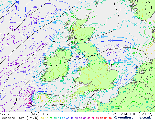 Isotachs (kph) GFS jeu 26.09.2024 12 UTC