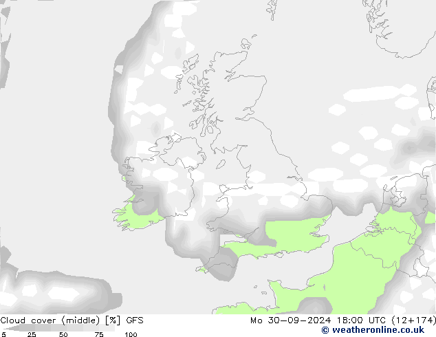 Cloud cover (middle) GFS Mo 30.09.2024 18 UTC