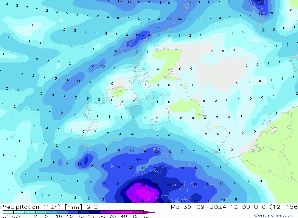 Precipitation (12h) GFS Mo 30.09.2024 00 UTC