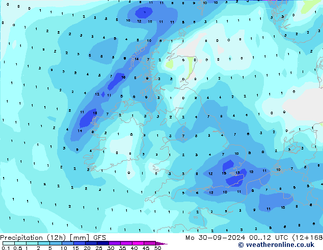 Precipitazione (12h) GFS lun 30.09.2024 12 UTC