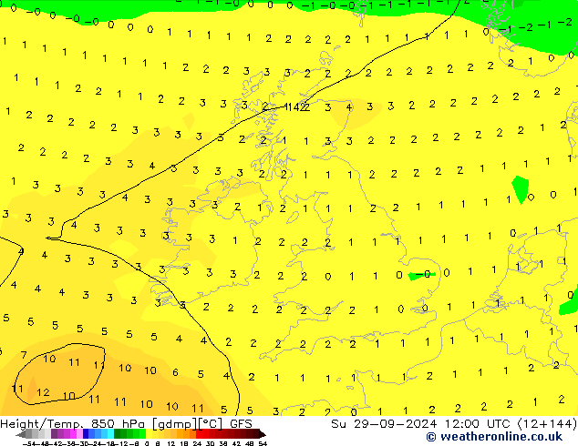 Géop./Temp. 850 hPa GFS dim 29.09.2024 12 UTC