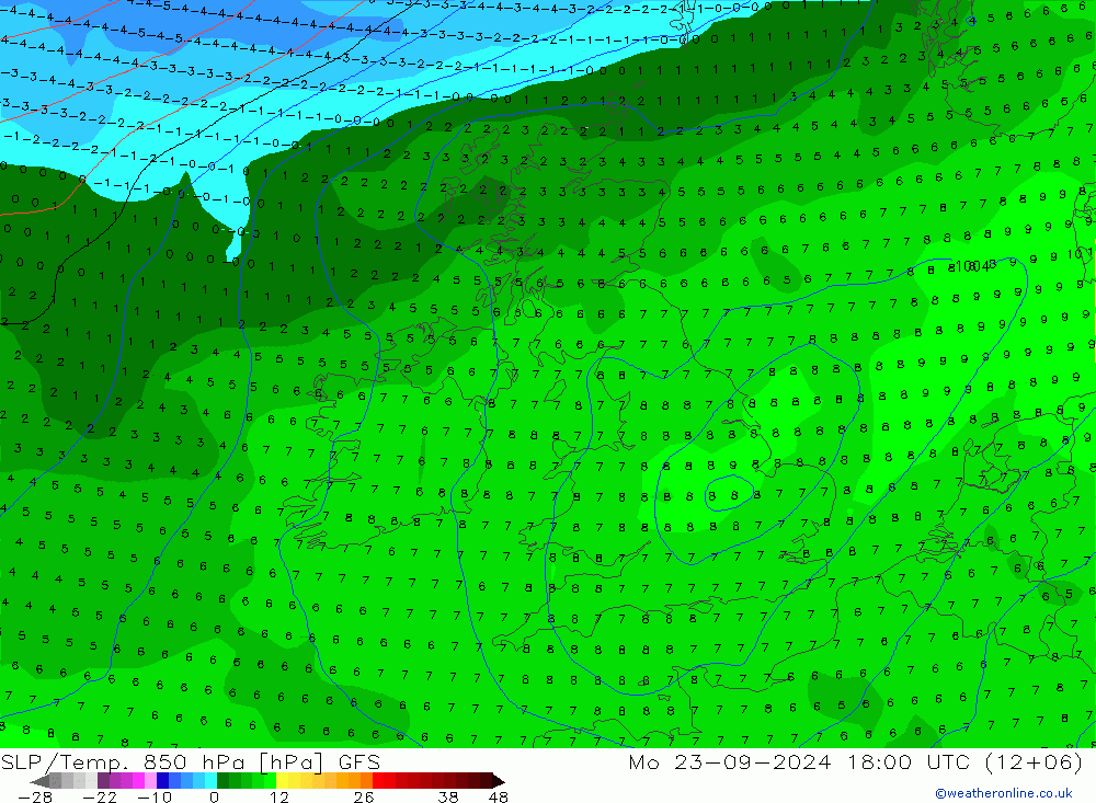 SLP/Temp. 850 hPa GFS Mo 23.09.2024 18 UTC