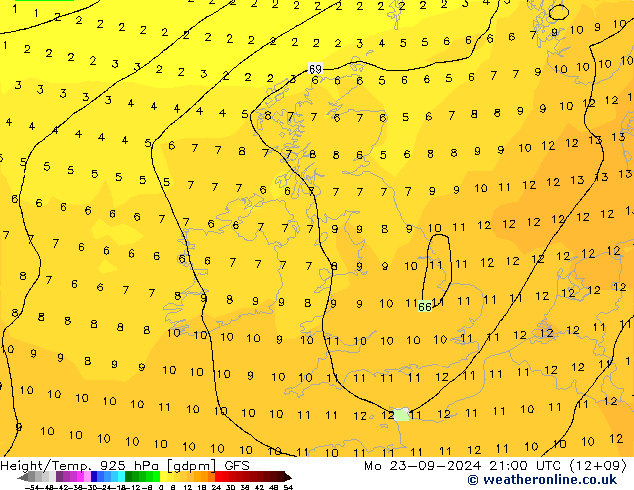 Height/Temp. 925 hPa GFS lun 23.09.2024 21 UTC