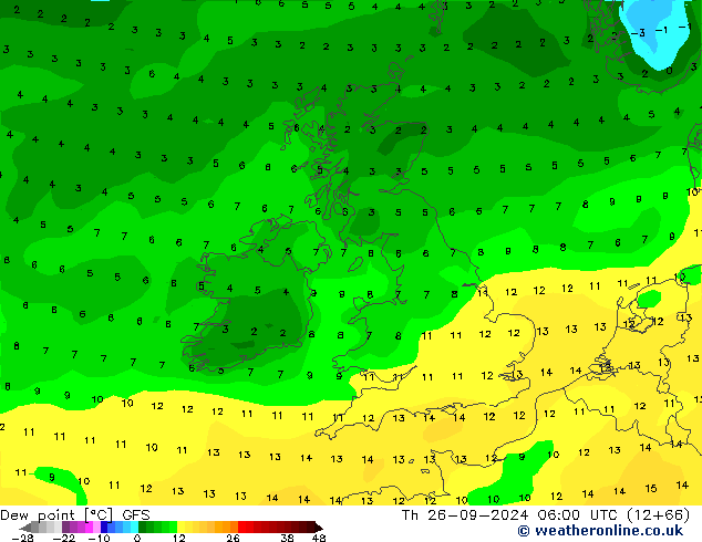 Punto di rugiada GFS gio 26.09.2024 06 UTC