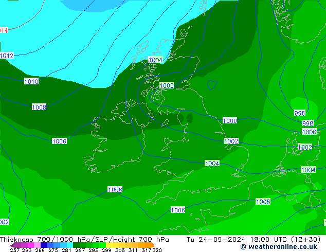 700-1000 hPa Kalınlığı GFS Sa 24.09.2024 18 UTC