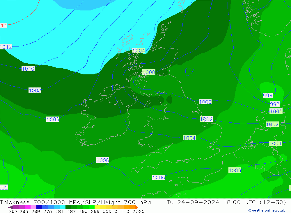 Thck 700-1000 hPa GFS Tu 24.09.2024 18 UTC