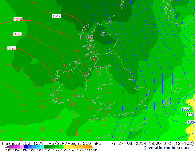 Thck 850-1000 hPa GFS ven 27.09.2024 18 UTC