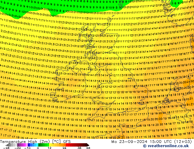 temperatura máx. (2m) GFS Seg 23.09.2024 15 UTC