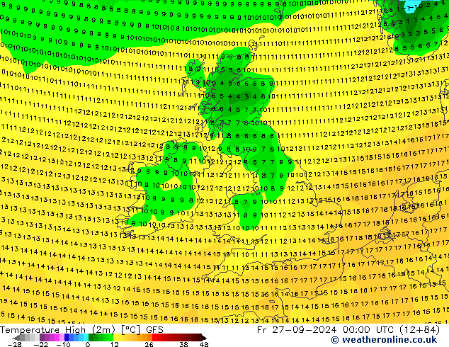 Temperature High (2m) GFS Fr 27.09.2024 00 UTC