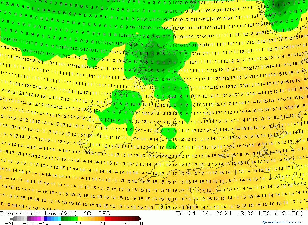 Minumum Değer (2m) GFS Sa 24.09.2024 18 UTC