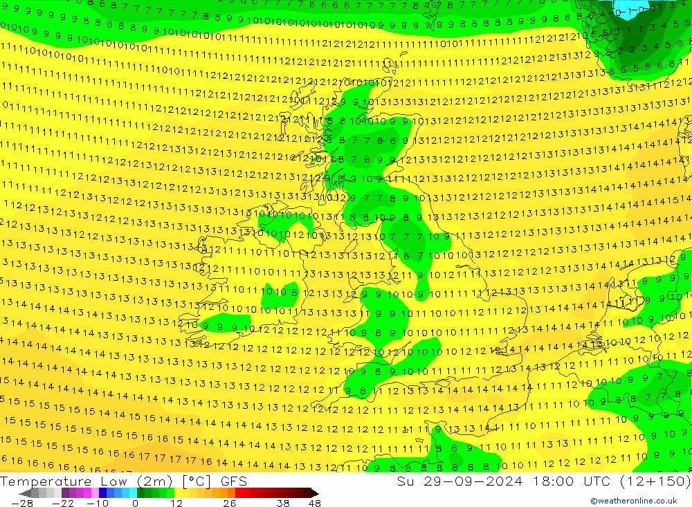 Temperature Low (2m) GFS Su 29.09.2024 18 UTC