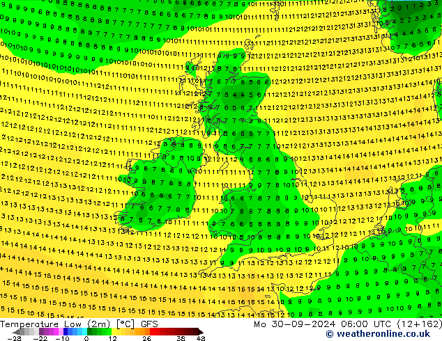 Темпер. мин. (2т) GFS пн 30.09.2024 06 UTC