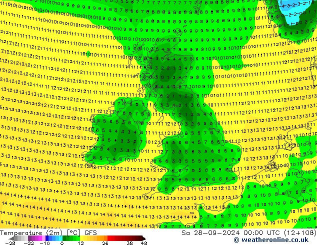 Temperatura (2m) GFS sab 28.09.2024 00 UTC