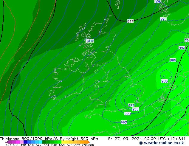 Dikte 500-1000hPa GFS vr 27.09.2024 00 UTC