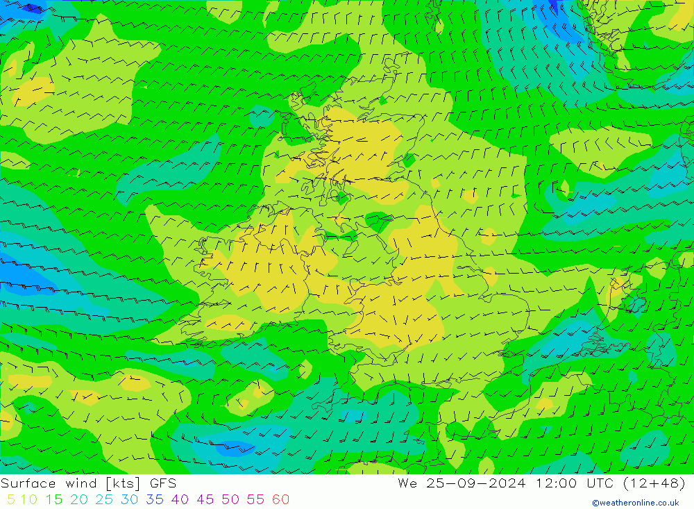 wiatr 10 m GFS śro. 25.09.2024 12 UTC