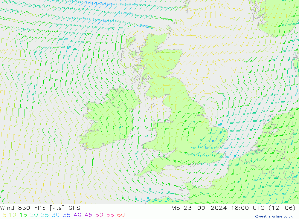 Viento 850 hPa GFS lun 23.09.2024 18 UTC