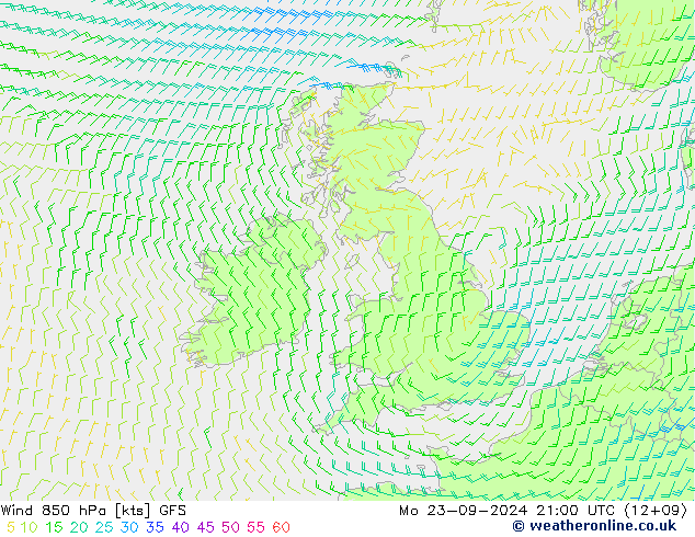 Vent 850 hPa GFS lun 23.09.2024 21 UTC