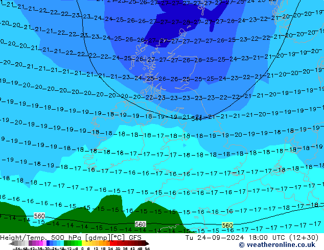 Height/Temp. 500 hPa GFS Di 24.09.2024 18 UTC