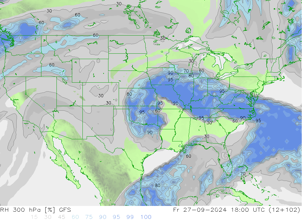 RH 300 hPa GFS ven 27.09.2024 18 UTC