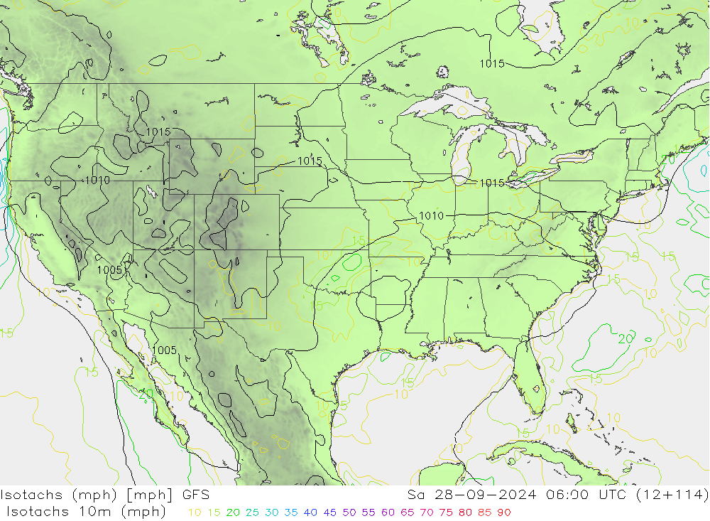 Isotaca (mph) GFS sáb 28.09.2024 06 UTC