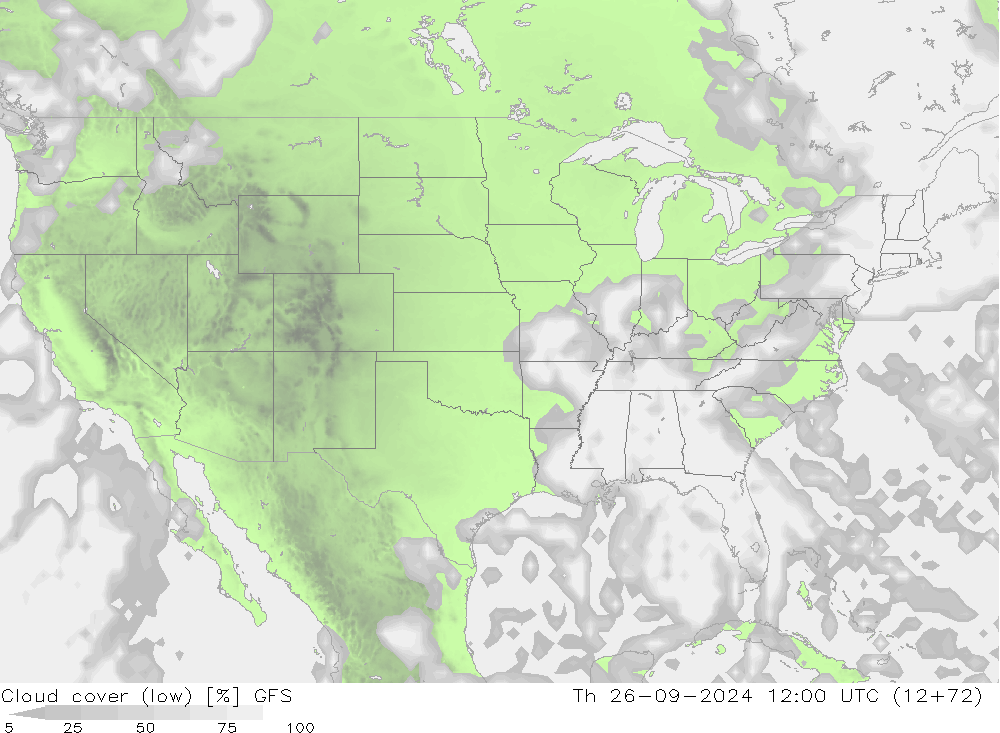 Cloud cover (low) GFS Th 26.09.2024 12 UTC