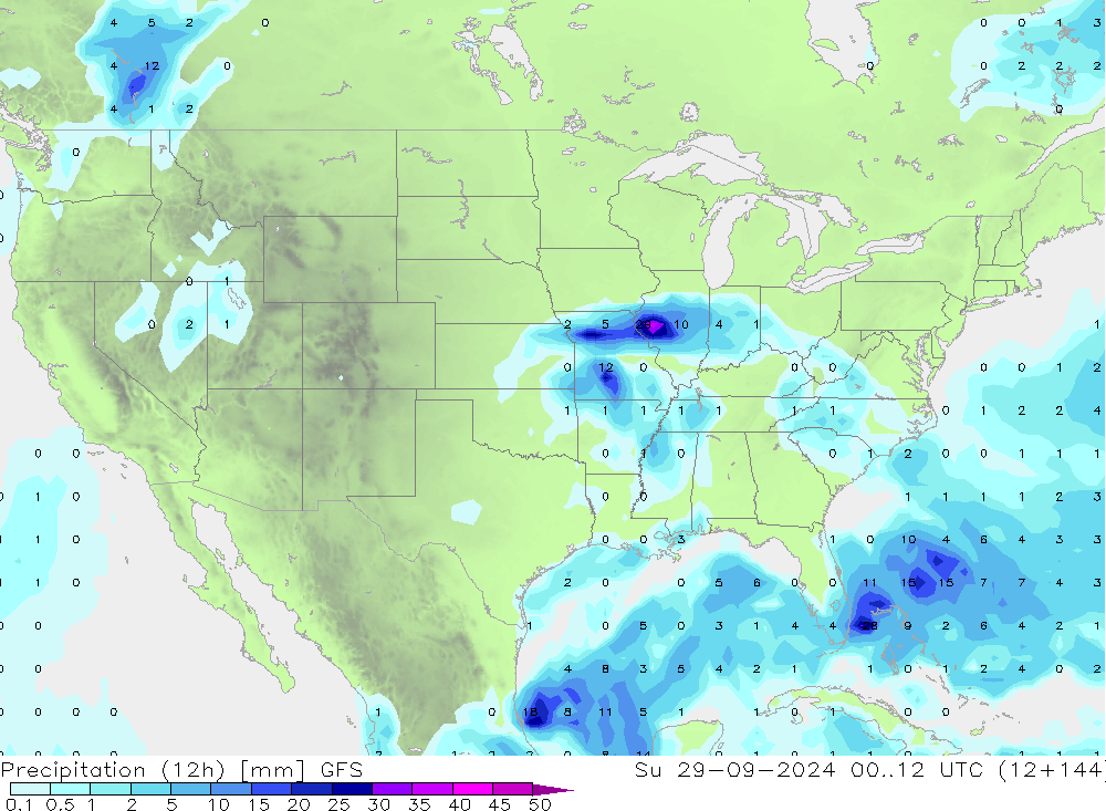 Precipitation (12h) GFS Su 29.09.2024 12 UTC