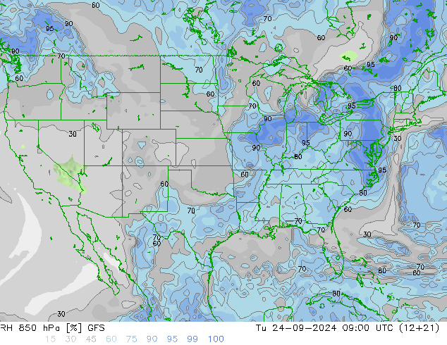 RH 850 hPa GFS Di 24.09.2024 09 UTC