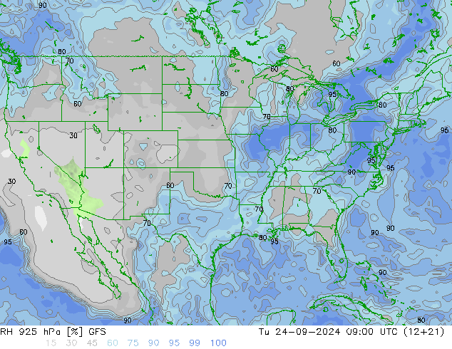 RH 925 hPa GFS wto. 24.09.2024 09 UTC