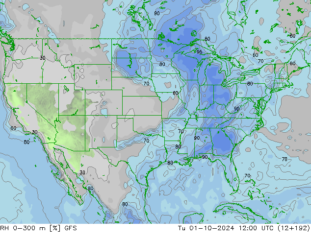 RH 0-300 m GFS Út 01.10.2024 12 UTC