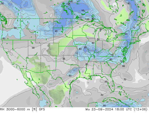 RH 3000-6000 m GFS pon. 23.09.2024 18 UTC