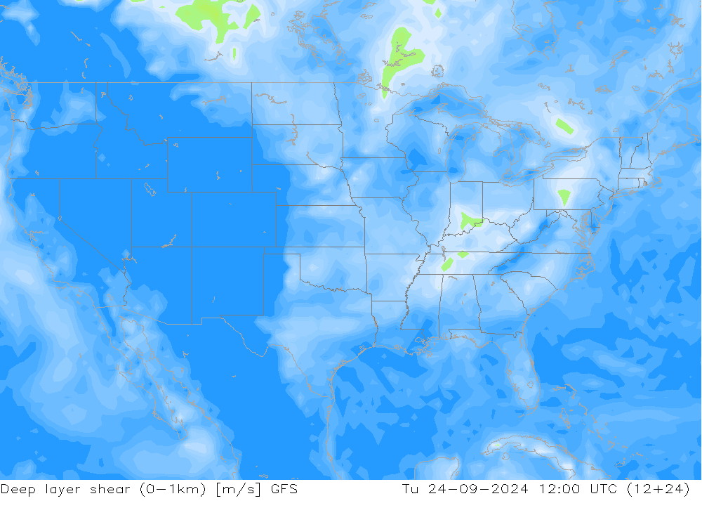 Deep layer shear (0-1km) GFS Ter 24.09.2024 12 UTC