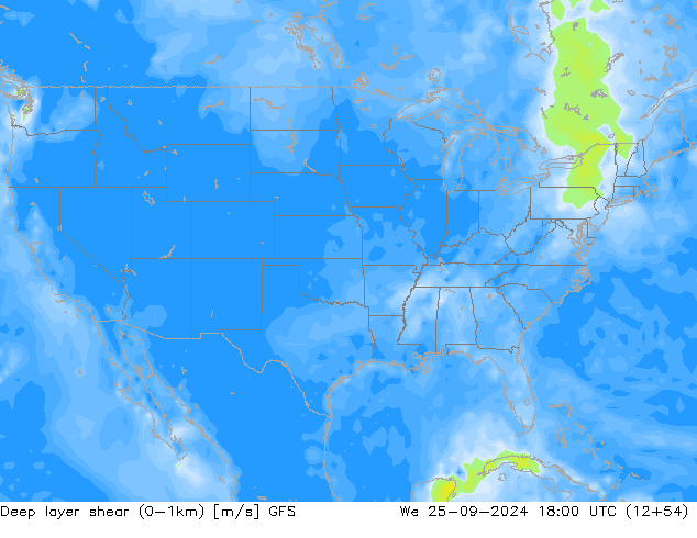 Deep layer shear (0-1km) GFS mié 25.09.2024 18 UTC