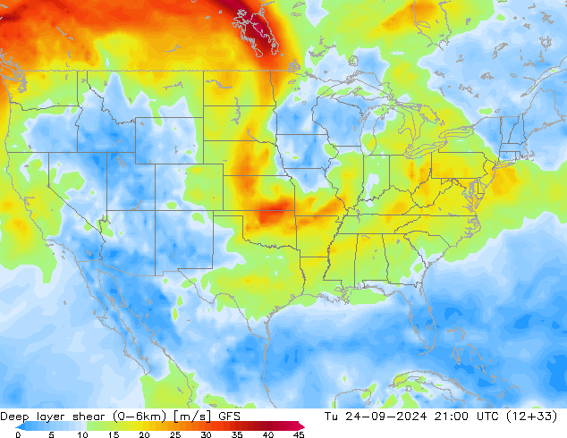 Deep layer shear (0-6km) GFS вт 24.09.2024 21 UTC